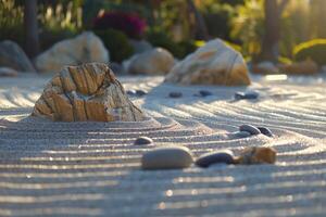 The atmosphere of meditation and tranquility is conveyed by the waves on the sand and zen stones. photo