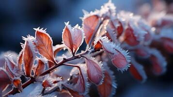 Close-up view of beautiful winter background with tree branches covered in frost photo