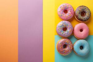 Glazed donuts with sprinkles lie on multi-colored background. With copy space. Photo from above