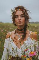 mujer en pie en campo de flores foto