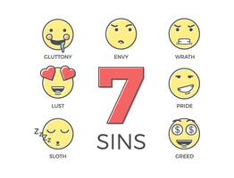 7 deadly sins represented by seven emoticon character expressions. Thin line icon illustrations. Colorful outline effect vector