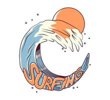 Surfing wave illustration. Text and sun. T-shirt, poster, print, banner, background design. vector