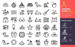 Summer icons, Beach Vacations. Objects landscapes and activities. Thin line illustration with Editable Stroke, easily editable. Seasonal, holiday, vacation, traveling. vector