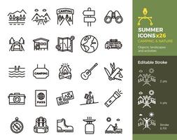 Summer icons, Camping and Nature. Objects, landscapes and activities. Thin line illustration. Editable stroke, easily editable. Vacation in mountains, adventure outdoors, traveling. vector