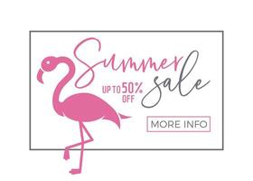Summer sale banner with calligraphic text and cute flamingo and thin line frame. Illustration for ecommerce, online shopping vector