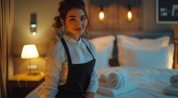 Woman Sitting on Bed in Room photo