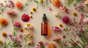 Bottle of Essential Oil Surrounded by Flowers photo