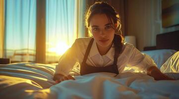 Woman Laying on Bed Beside Window photo