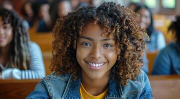 Woman With Curly Hair Sitting in a Classroom photo