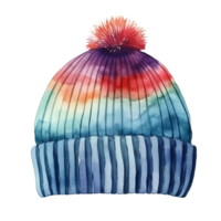 une coloré tricoté bonnet avec une pom pom sur Haut. le bonnet est tie-dye dans nuances de bleu, vert, et rose. png