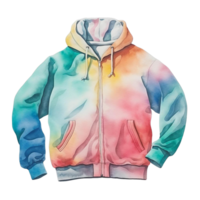 A colorful tie-dye hoodie with a zipper closure and pockets. The hoodie is a vibrant blend of blue, green, yellow, orange, and pink. png