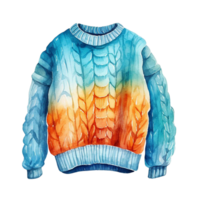A colorful knitted sweater with a gradient of blue, orange, and yellow. png
