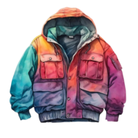 A colorful, vibrant hooded jacket with multiple pockets and a tie at the waist. png