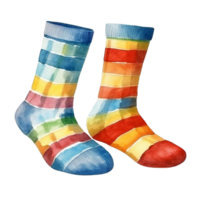 Pair of colorful striped socks in watercolor style. Perfect for a whimsical and playful design. png