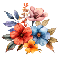 Beautiful bouquet of flowers and leaves in watercolour style isolated on transparent background. png