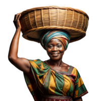 African Woman Carrying a Wicker Basket on Her Head png