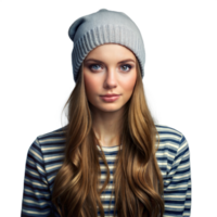 Young Woman Wearing a Grey Knit Beanie and Striped Shirt png