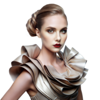 Woman With Blonde Hair and Intricate Ruffled Collar in a Fashion Studio Portrait png