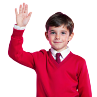 Young Boy in Red V-Neck Sweater Raising Hand in Classroom png