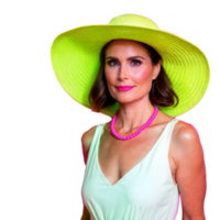 Woman Wearing A Bright Yellow Hat and Pink Necklace png