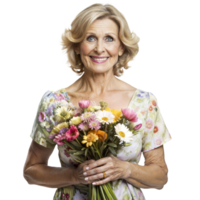 sorridente anziano donna Tenere colorato mazzo di fiori png