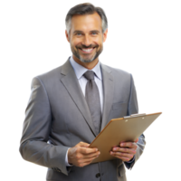 Smiling Businessman Holding Clipboard in Suit png