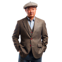 Man Wearing Brown Suit And Cap Posing With Hands In Pockets png