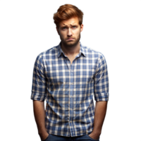 Young Man in Plaid Shirt Posing Against Transparent Background png