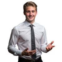 Professional Young Man in Formal Attire Gesturing Confidently png