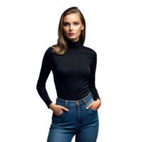 Woman Wearing Black Turtleneck Shirt and Blue Jeans Standing With Hands in Pockets png