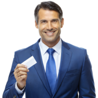 souriant homme d'affaire en portant Vide affaires carte dans bleu costume png