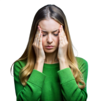 Young Woman in Green Sweater Holding Her Head in a Pensive Mood png