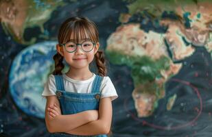 Young Girl With Glasses Observing World Map photo