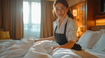 mujer sentado en cama en habitación foto