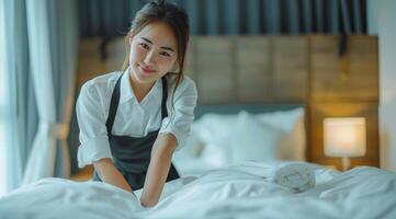 mujer sentado en cama en habitación foto