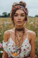 Woman Standing in Field of Flowers photo