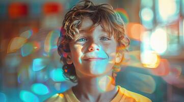 Young Boy Smiling in Blurry Background photo
