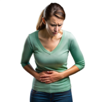 joven mujer en verde camisa experimentando estómago dolor png