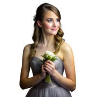 Woman In Gray Dress Holds White Rose Bouquet png