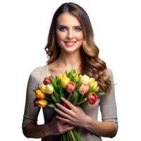 leende kvinna innehav färgrik tulpaner png
