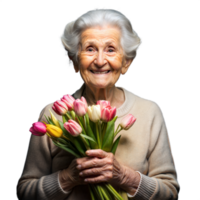 Elderly Woman Holding Bouquet of Flowers png