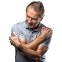 Elderly Man in Gray Shirt Experiencing Shoulder Pain png