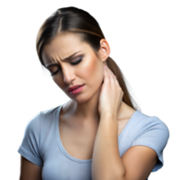 vrouw ervaren nek pijn terwijl staand tegen een transparant achtergrond png