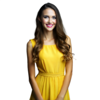 souriant femme dans Jaune robe posant contre transparent Contexte png