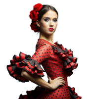 elegant Flamenco Tänzer im traditionell rot Polka Punkt Kleid posieren anmutig in der Nähe von transparent Hintergrund png