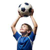 Young Boy Smiling While Holding Soccer Ball Up High png