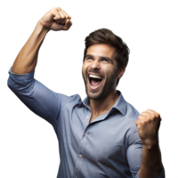 Energetic Man in Blue Shirt Celebrating With Raised Fists png