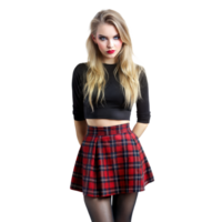 jong vrouw in zwart Bijsnijden top en rood plaid rok staand poseren png