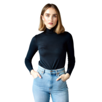 vrouw vervelend zwart coltrui lang mouw overhemd en blauw jeans png