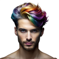 jung Mann mit beschwingt Regenbogen Haar gegen transparent Hintergrund png